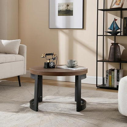 Wahson Mid-Century Modern Coffee Table, 23.5" Wide Round Coffee Table for Living Meeting Room/Reception Room/Office/Espresso with Black Iron Legs, Rustic Brown