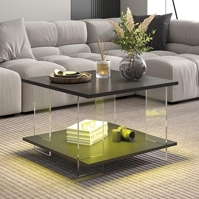 24" Acrylic Coffee Table with Black Wood Tabletop, Minimalist Stylish Modern Square Center Table for Living Room,Led Living Room Table with Storage Shelf & Acrylic Frame for Small Space