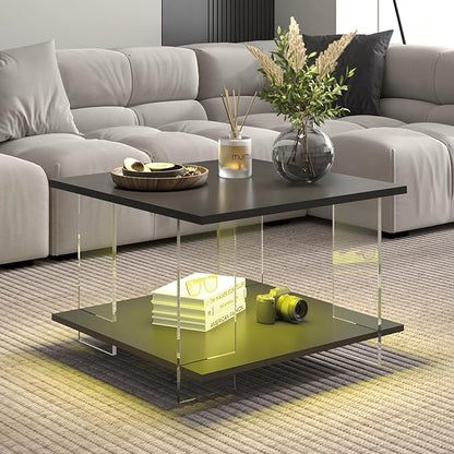 24" Acrylic Coffee Table with Black Wood Tabletop, Minimalist Stylish Modern Square Center Table for Living Room,Led Living Room Table with Storage Shelf & Acrylic Frame for Small Space