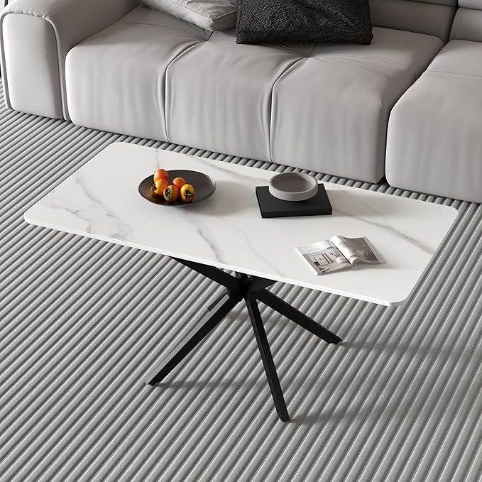 Faux Marble Coffee Table Rectangle Modern 40 Inch Living Room Table with Black Metal Legs Stylish Center Table for Living Room Office