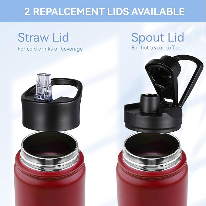 HASLE OUTFITTERS Insulated Water Bottle 22 oz Double Wall Stainless Steel Water Bottle Wide Mouth with Straw Lid & Spout Lid Keeps Cold or Hot(Red,1)