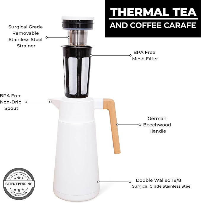 Hastings Collective Thermal Coffee Carafe 68 Oz - Large Stainless Steel Insulated Carafe - 2 Liter Double Walled Vacuum Thermos Coffee and Beverage Dispenser with Tea Infuser and Strainer (White)