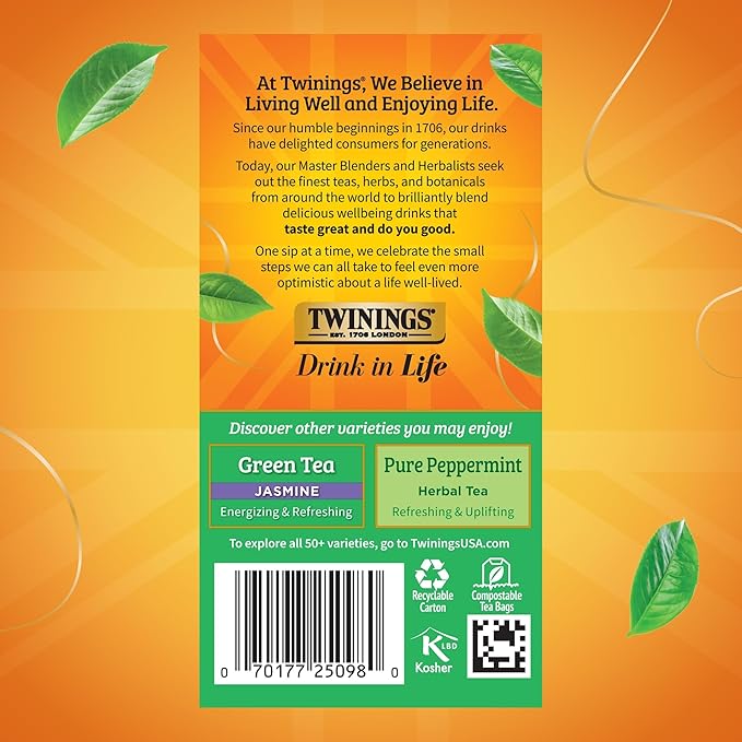 Twinings Green Tea with Mint Individually Wrapped Bags, 20 Count (Pack of 1), Invigorating Aroma, Caffeinated, Enjoy Hot or Iced, 20 Teabags