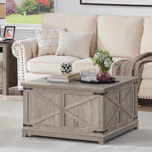 Farmhouse Coffee Table with Hidden Storage Organizer, Modern Square Large Center Table, Wood Farm House Low Rustic Light Oak Living Room Tables with Hinged Lift Top for Home, Office