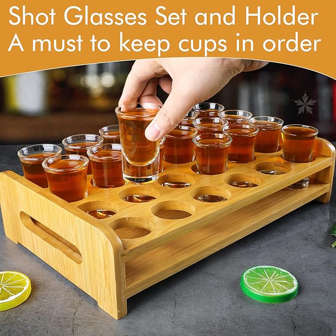 Shot Glasses Set of 24 Large Shot Glasses and Holder 1oz/30ml Shot Glass Tray Stand Thick Base for Party Club Bar Home Tools Restaurant Kitchen Barware Glassware Drinking Spirit Tasting Gifts