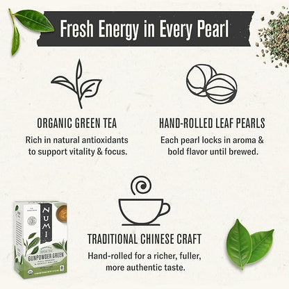 Numi Organic Gunpowder Green Tea, 100 Tea Bags, Full-Bodied & Gently Rolled Chinese Green Tea, Caffeinated