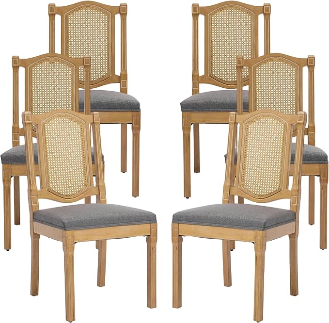 Vintage French Country Dining Chairs Set of 6, Grey Cane Back Rattan Dining Chairs with Linen Upholstered Seat, Solid Wood Legs, Farmhouse Kitchen & Dining Room, Sillas De Comedor (Gray, 6Pcs)