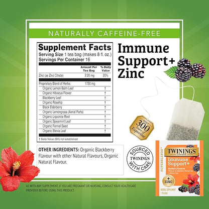 Twinings Superblends Immune Support+ Zinc Blackberry Flavoured Hibiscus, Elderberry Herbal, Naturally Caffeine-Free, 16 Tea Bags (Pack of 6), Enjoy Hot or Iced, 96 Teabags