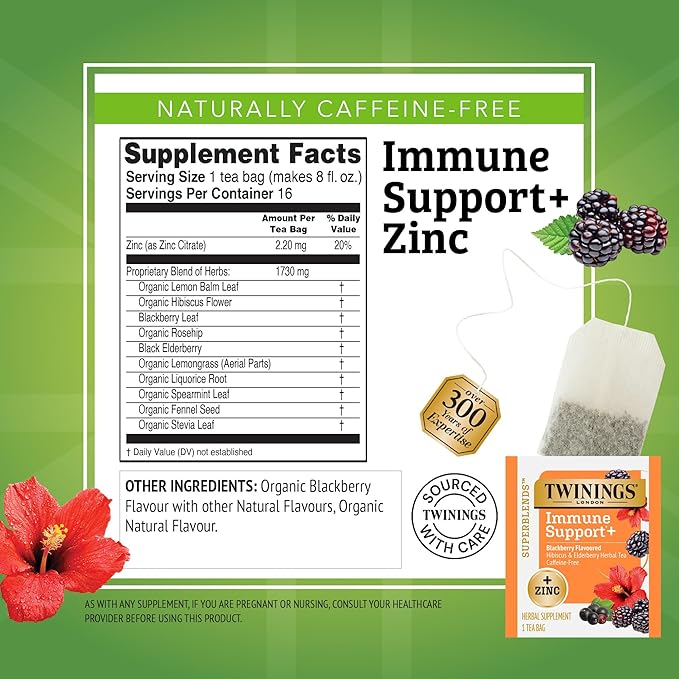 Twinings Superblends Immune Support+ Zinc Blackberry Flavoured Hibiscus, Elderberry Herbal, Naturally Caffeine-Free, 16 Tea Bags (Pack of 6), Enjoy Hot or Iced, 96 Teabags