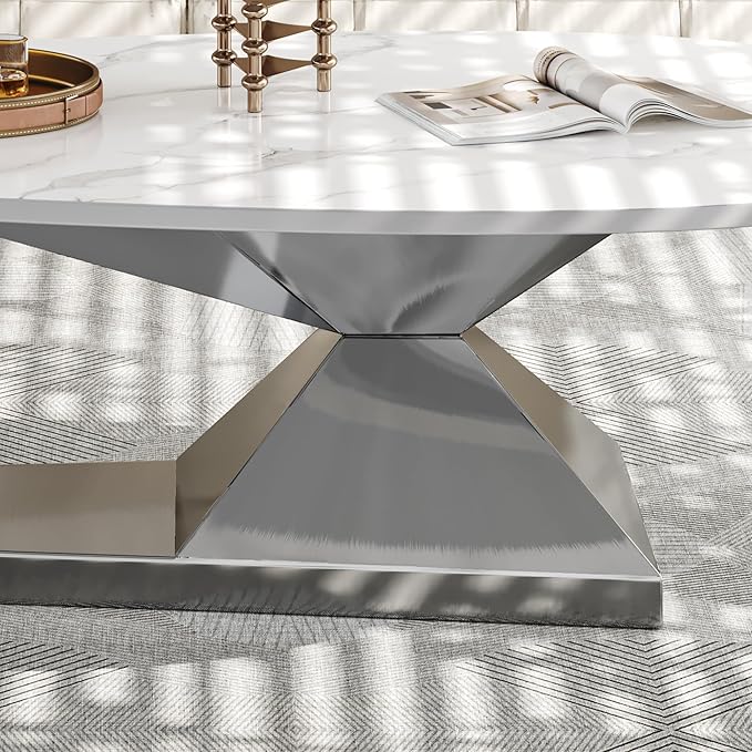 Modern Coffee Table with Silver Stainless Steel Pedestal,Oval Living Room Table with Faux Marble Top,Sintered Stone Cocktail Center Table Marble Grain,51.20inch