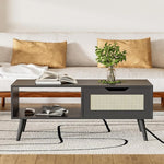Load image into Gallery viewer, Black Rattan Coffee Table, Mid Century Modern with Drawer &amp; Shelf, 39'' Wooden Boho Coffee Table for Living Room