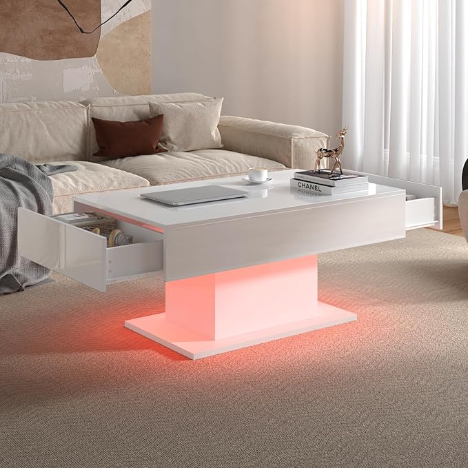 White Led Coffee Table with 2 Storage Drawers for Living Room, Living Room Table Rectangular Center Table, Modern High Glossy Wooden Coffee Tables with Lights for Dining Reception Room