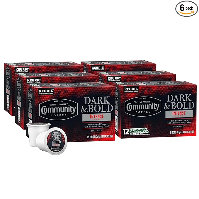 Community Coffee Dark & Bold Intense Blend 72 Count Coffee Pods, Dark Roast Compatible with Keurig 2.0 K-Cup Brewers, 12 Count (Pack of 6)