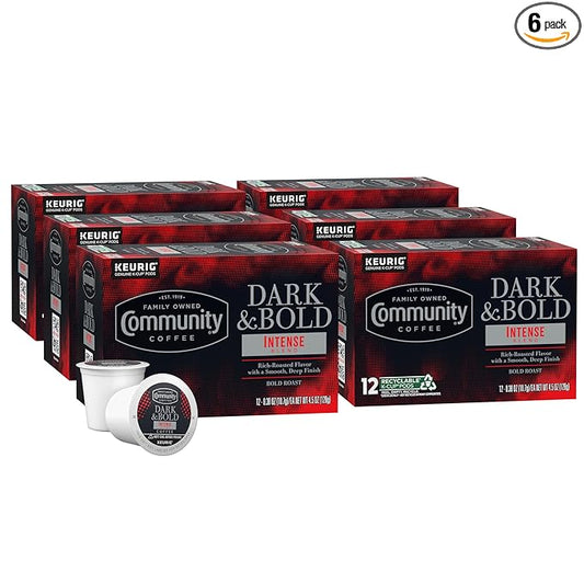 Community Coffee Dark & Bold Intense Blend 72 Count Coffee Pods, Dark Roast Compatible with Keurig 2.0 K-Cup Brewers, 12 Count (Pack of 6)