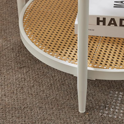 VINGLI 25.6" Coffee Table for Living Room, Round Water-Wave Glass Metal Center Table, Modern Rattan Coffee Table with 2-Tier Storage, Farmhouse Circular End Table for Small Space, White