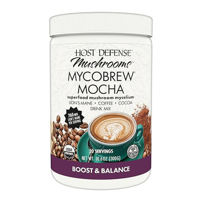 Host Defense MycoBrew Mocha - Mocha Drink Mix - Mocha Powder Includes Lion's Mane Mushroom - Drink Mix with Fair Trade Certified Cocoa & 100% Arabica Instant Coffee - 10.5 oz (20 Servings)