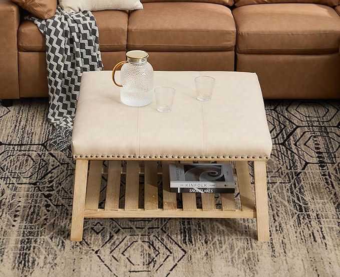Kmax 32-Inch Beige Faux Leather Coffee Table Large Square Ottoman Foot Rest Stool Upholstered Coffee Table with Wooden Shelf Storage for Living Room Office