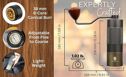Premium Manual Burr Coffee Grinder - Hand Coffee Grinder with Titanium-Plated Stainless Steel Burr Mill; Extra-Fine to Coarse Coffee & Espresso Hand Grinder for Drip, French Press, Moka by GRINDCRAFT