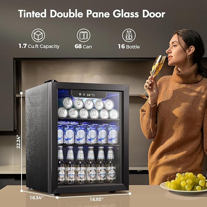 Kismile 1.7 Cu.ft Beverage Refrigerator and Cooler, 68 Can Mini Fridge Glass Door,Digital Temperature Display for Soda, Beer or Wine, Small Drink Dispenser Cooler for Home, Office or Bar