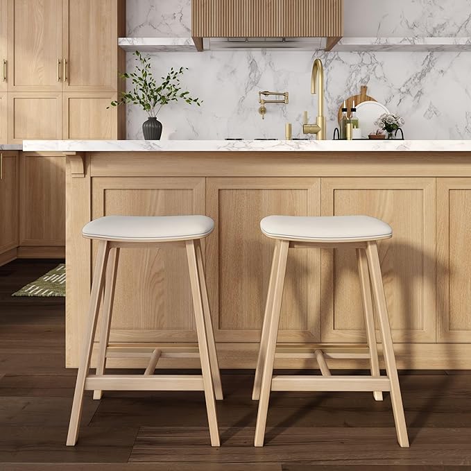 Plank+Beam Beryl Counter Height Stool - Mid-Century Modern Rubberwood Bar Stool with Faux Leather Seat, Metal Footrest, Easy Assembly, 2-Pack, Blonde/Sesame