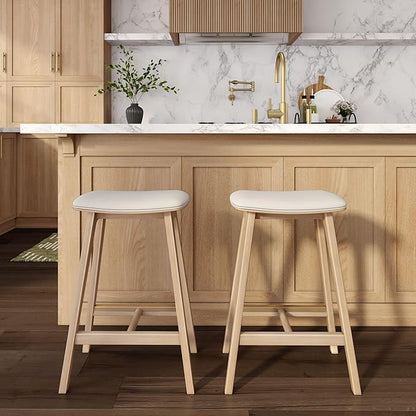 Plank+Beam Beryl Counter Height Stool - Mid-Century Modern Rubberwood Bar Stool with Faux Leather Seat, Metal Footrest, Easy Assembly, 2-Pack, Blonde/Sesame