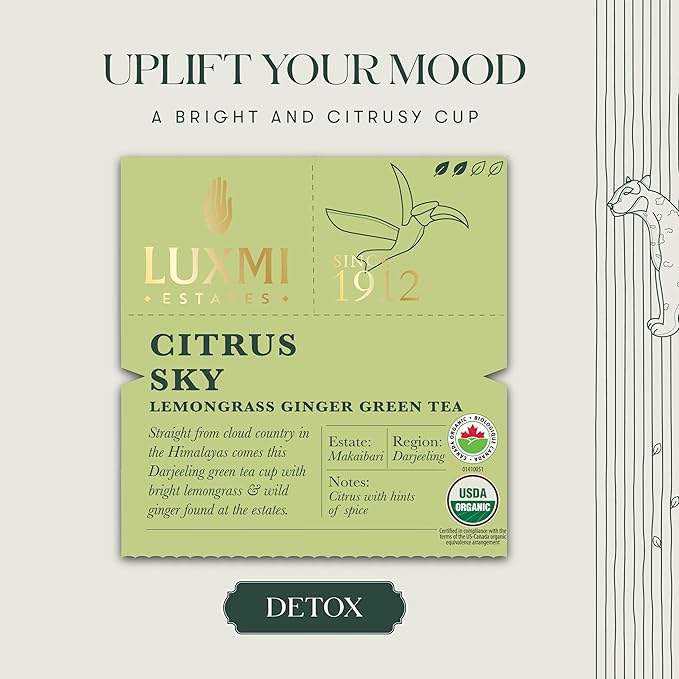 Luxmi Estates Citrus Sky Lemongrass Ginger Green Tea 200g Loose Leaf Pack | Certified Organic Darjeeling Green Tea | Citrus Flavor & Aroma | Natural Lemon Balm Tea - Calming, Supports Digestion | Lemon Grass Leaves | 100 Cups