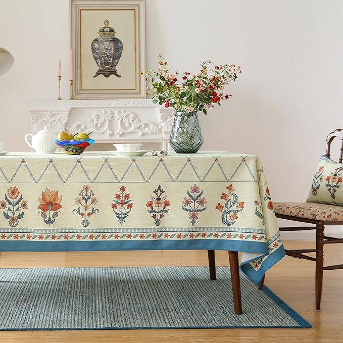 Designer Linen Floral Table Cloth for Rectangle Table,Light Green Farmhouse Durable Tablecloth,Washable Decor Tablecloths for Dining Kitchen Thanksgiving Christmas,55"*79"-Floralsea B