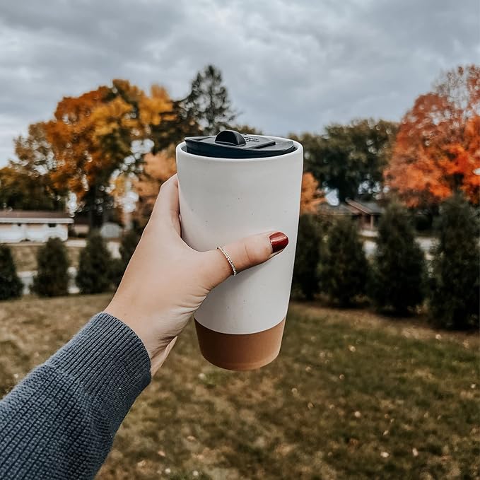 Mora Double Wall Ceramic Coffee Travel Mug with Lid, 14 oz, Portable, Microwave, Dishwasher Safe, Insulated Reusable Tall Cup, Splash Resistant Lid - To Go Tumbler for Car Cup Holder, Cotton White