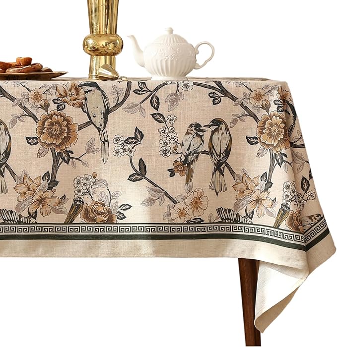 Designer Vintage Linen Extra Long Tablecloth Rectangle,Floral and Bird Pattern Elegant Table Cloth,Fall Wrinkle Resistant Decor Tablecloths for Dining Kitchen Christmas,63"*110"-Murad A