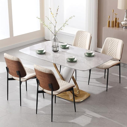 BV Dining Chairs Set of 6, PU Leather Armless Kitchen Chair in Modern Walnut Style, Mid Century Bentwood Side Chair with Metal Legs, Retro Accent Guest Chair for Kitchen Dining Room(Beige)