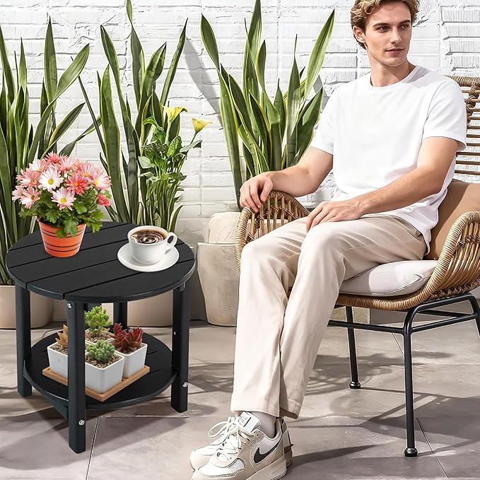 LZRS Round Adirondack Side Table Double End Table, Outdoor Side Tables for Patio, Backyard,Pool, Indoor Companion, Easy Maintenance & Weather Resistant(Black)