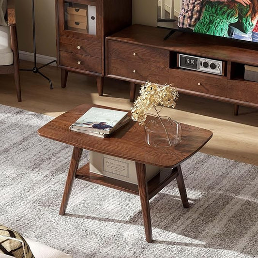 100% Solid Wood Coffee Table for Living Room, 31.5" Small Tables with Shelf Storage, Mid Century Modern Storage Coffee Table with Rounded Corners (Oak Wood Walnut Color)