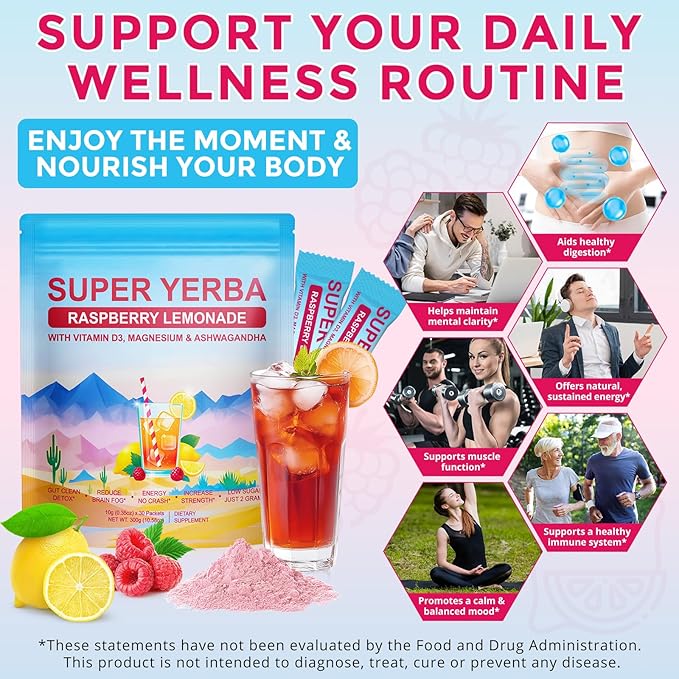 Super Yerba, Yerba Mate Instant Tea Powder, Super Yerba for Reduce Brain Fod, Clean Energy & Focus Boost, Gut Support, Antioxidants, Raspberry Lemonade Flavor, 30 Servings