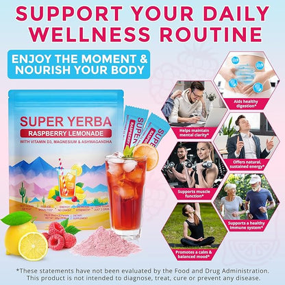 Super Yerba, Yerba Mate Instant Tea Powder, Super Yerba for Reduce Brain Fod, Clean Energy & Focus Boost, Gut Support, Antioxidants, Raspberry Lemonade Flavor, 30 Servings