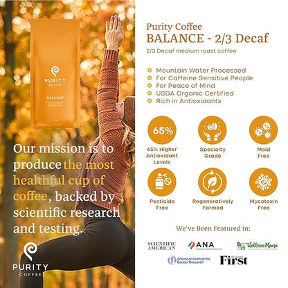 Purity Coffee BALANCE 2/3 Decaf Medium Roast Whole Bean Coffee (12oz Bag) - Specialty-Grade Mountain Water Processed Decaf + Regular Arabica Blend- USDA Certified Organic Decaffeinated - Third Party Tested for Mold, Mycotoxins, Pesticide Residue