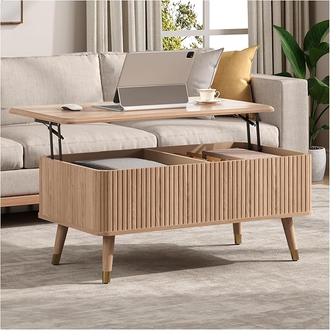 Lift Top Coffee Table, Mid Century Modern Coffee Table with Hidden Compartment, Fluted Lift Tabletop Center Table for Living Room, Home Office, Oak
