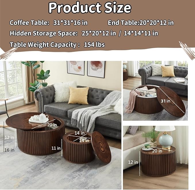 Round Coffee Table Set of 2, Nesting Coffee Tables with Removable Lid, Mid Century Modern Wooden End Table with Large Storage Space for Living Room