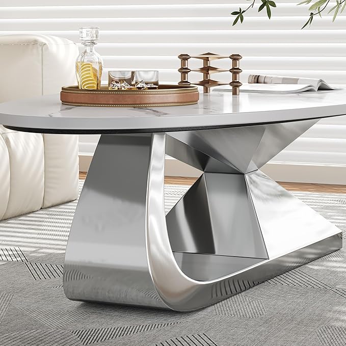 Modern Coffee Table with Silver Stainless Steel Pedestal,Oval Living Room Table with Faux Marble Top,Sintered Stone Cocktail Center Table Marble Grain,51.20inch