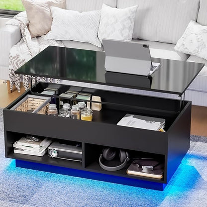 HOMMPA 40" Modern LED Coffee Table with Storage for Living Room, Lift Top Coffee Table with 2 Shelves, High Glossy Wooden Dining Table, Multifunctional Furniture for Bedroom Home Office, Black