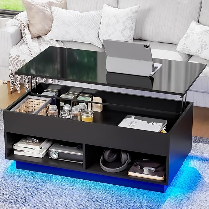 HOMMPA 40" Modern LED Coffee Table with Storage for Living Room, Lift Top Coffee Table with 2 Shelves, High Glossy Wooden Dining Table, Multifunctional Furniture for Bedroom Home Office, Black