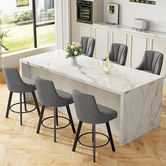 Swivel Bar Stools with Backs, 24" Counter Height Bar Stools Set of 6, Fabric Upholstered Counter Barstools with Solid Wood Legs for Kitchen Island, Home Bar, Dark Gray