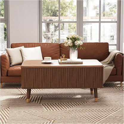 Lift Top Coffee Table with Storage Shelf & Hidden Compartment, Mid Century Modern Fluted Rectangle Dining Table for Living Room, Home Office, Walnut