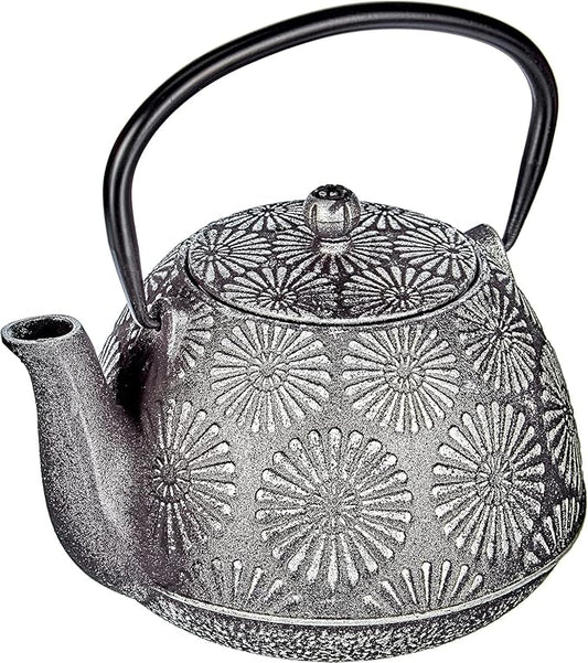 IBILI 40 Oz Bali Cast Iron Teapot | Made in Spain | Stainless Steel Infuser, Enameled Interior, Stovetop & Induction Compatible, Japanese Kettle for Loose Leaf Tea, Tetsubin Design, Silver