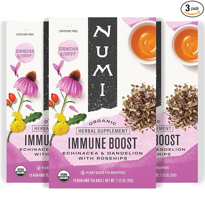 Numi Organic Immune Boost Tea, 16 Tea Bags (Pack of 3), Echinacea, Dandelion and Rosehips, Caffeine Free