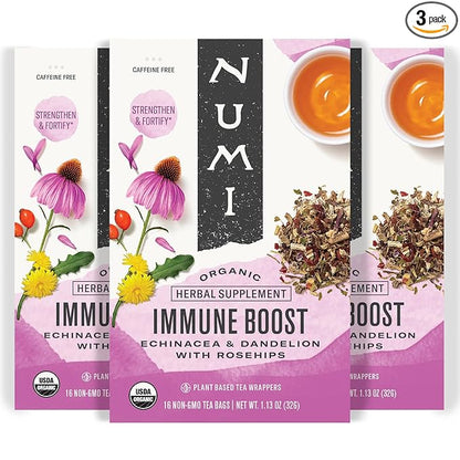 Numi Organic Immune Boost Tea, 16 Tea Bags (Pack of 3), Echinacea, Dandelion and Rosehips, Caffeine Free