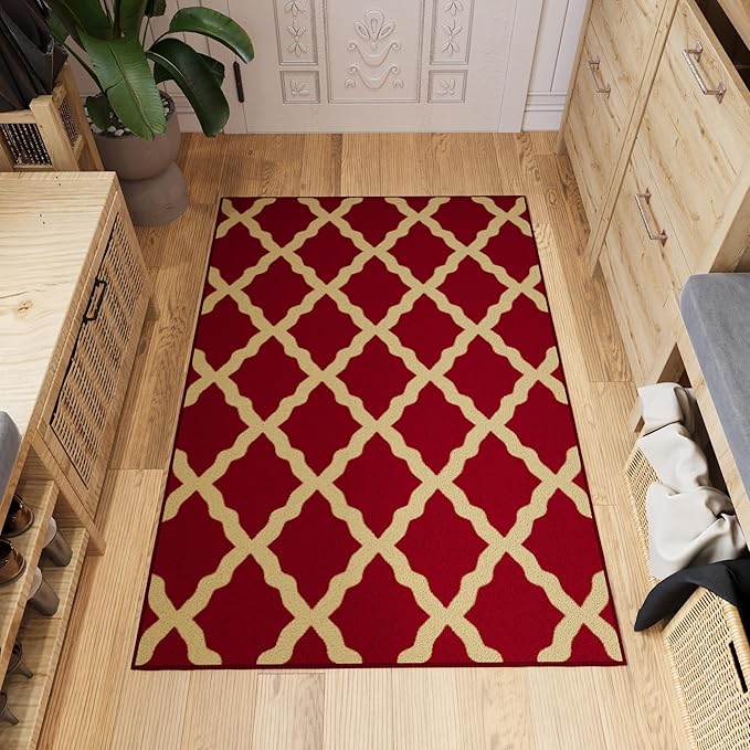Ottomanson 3'3" x 5' Rugs for Living Room Trellis Area Rug for Bedroom - Non Slip Durable Large Floor Carpet for High Traffic Areas - Indoor Rug for Dining Room Kitchen Kids Playroom, Red