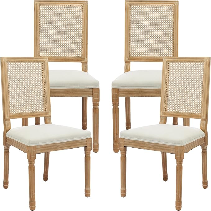 French Country Dining Chairs Set of 4, Beige Modern Kitchen & Dining Room Chairs, Rattan Dining Chair with Linen Upholstered Cushion, High Cane Back, Wood Legs, Sillas de Comedor (Beige, 4 Pcs)