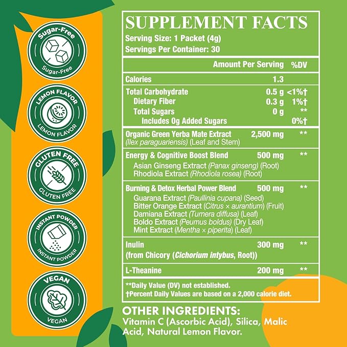 Yerba Mate 4000mg, 10 in 1 Super Yerba Mate Tea Instant Powder - No Sugar, Clean Energy with No Crash, Stay Refreshed and Focused, Gut Health, with Ginseng, Rhodiola, Prebiotic, L-Theanine, 30 Packets