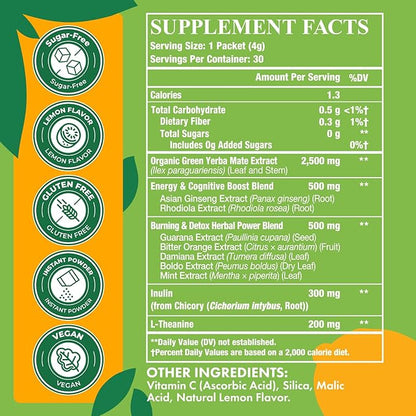 Yerba Mate 4000mg, 10 in 1 Super Yerba Mate Tea Instant Powder - No Sugar, Clean Energy with No Crash, Stay Refreshed and Focused, Gut Health, with Ginseng, Rhodiola, Prebiotic, L-Theanine, 30 Packets