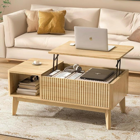 LYNCOHOME Fluted Lift Top Coffee Table with Hidden Compartment, Modern Center Table for Living Room, Home Office, Natural